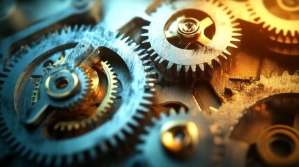 Poster - Close-Up View of Intricate Metallic Gears and Cogs in Motion, Showcasing the Complexity and Precision of Mechanical Engineering and Clockwork Design