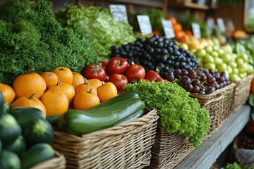 Wall Mural - Fresh produce in wicker baskets at a market stall.