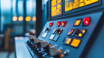 Poster - Control panel of industrial machinery with various buttons, switches, and digital displays indicating operational status and data readings in a factory setting