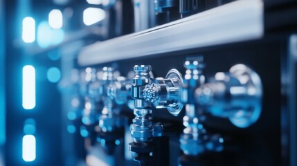 Poster - Detailed Close-Up of Industrial Connectors and Metal Components with Blue Light Background for Technology and Engineering Themes