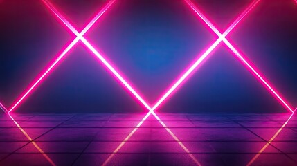 Poster - Bright Pink Neon Lines Cross Dark Blue Background