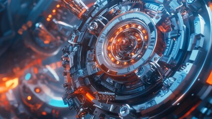 Poster - Futuristic 3D Abstract Technology Design with Glowing Orange and Blue Elements, Featuring Intricate Mechanical Patterns and High Gloss Finish for Modern Aesthetic Appeal