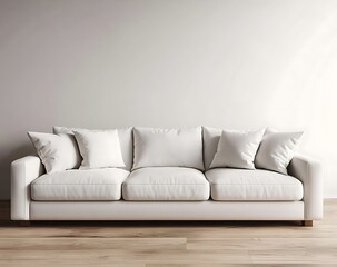 Fototapete - Modern white sofa in a minimal room, wooden floor blending with a white wall, 3D-rendered stock photo serving as a mockup background with space for text in a 2/3 configuration.