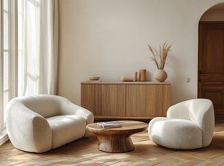 Fototapete - Neutral beige living room with a minimalist sofa, armchair, and coffee table, accented by a wooden cabinet on a parquet floor. Contemporary home decor. 2/3 place for text.