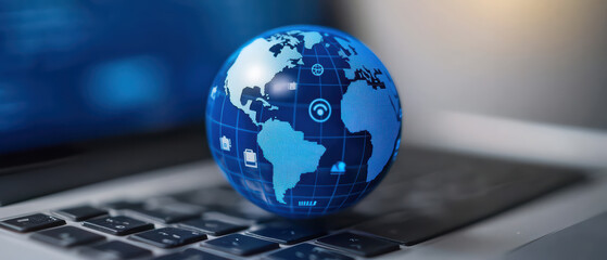 Poster - close up of digital globe spinning on laptop keyboard, symbolizing global connectivity and technology