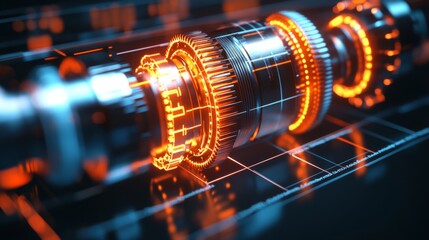 Poster - Futuristic Mechanical Gears with Illuminated Orange Highlights on a Dark Background for Technology and Engineering Concepts
