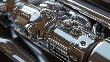 Poster - Highly Detailed Close-Up of a Polished Mechanical Engine Component with Complex Design and Reflective Surfaces Showcasing Engineering Precision and Modern Technology