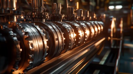 Poster - Industrial Machinery Close-Up with Gear Mechanisms in a Modern Manufacturing Environment Highlighting Precision Engineering and Technological Innovation