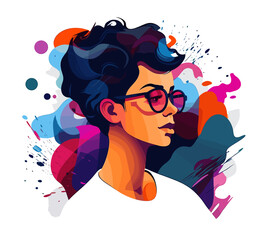 Wall Mural - Colorful abstract illustration of short hair woman with eyeglasses over white background