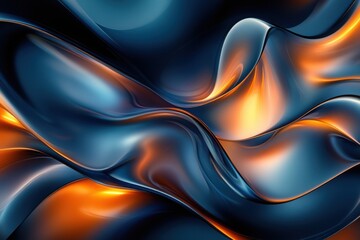 Leinwandbilder - Glossy abstract waves with vibrant orange and blue colors creating a dynamic and fluid visual experience. Generative AI