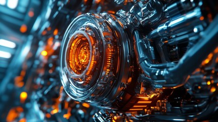Poster - Intricate Close-Up of a Futuristic Mechanical Component with Glowing Elements Featuring Metallic Pipes and Vivid Orange Accents in an Abstract Tech Design