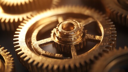 Poster - Intricate Close-Up of Gleaming Gold Gears with Detailed Teeth and Center Hub, Showcasing Machinery Components and Their Textures in Artful Arrangement