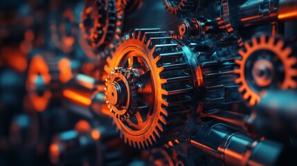 Poster - Intricate Close-Up of Interlocking Gears in a Mechanical Assembly Showcasing Precision Engineering and Industrial Design in a Richly Lit Environment