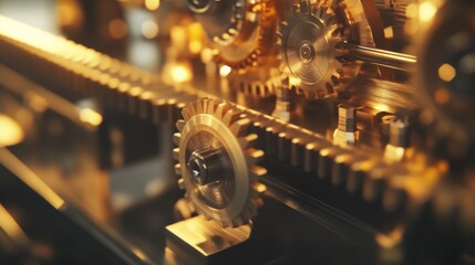 Poster - Intricate Golden Gears and Cogs Mechanism Showcasing Precision Engineering in a Close-up View, Perfect for Technology and Industry Themes