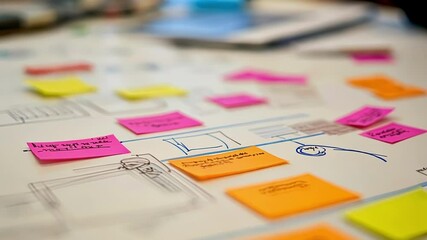 Aufkleber - A closeup of a teams brainstorming session surrounded by sticky notes and diagrams on a whiteboard indicating a collaborative approach to process improvements.