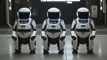 Poster - Three Humanoid Robots in Futuristic Setting, Showcasing Advanced Technology and Design, Standing Together with High-Tech Features and Illuminated Elements