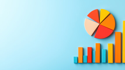 Poster - Colorful graphs and pie chart on blue background, representing data analysis and statistics