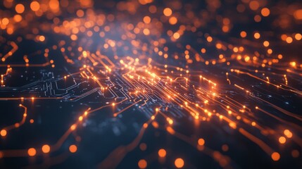 Leinwandbilder - Abstract Digital Connection Background with Glowing Orange Lights and Circuit Patterns for Technology, Data, and Innovation Themes in Modern Design and Digital Art