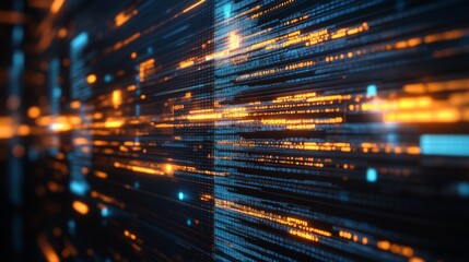 Leinwandbilder - Abstract digital data flow with glowing lines and binary code background for technology, science, innovation, and modern computing themes