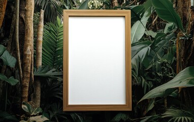 Canvas Print - Blank white poster framed in natural wood, displayed with an image of a dense jungle with towering trees, exotic plants, and wildlife, symbolizing the mystery and richness of tropical ecosystems