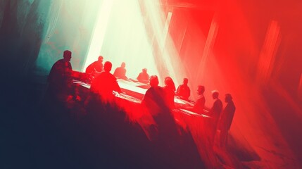 Poster - Abstract representation of a group meeting in a dramatic setting with silhouettes around a large table illuminated by stylized light beams creating an enigmatic atmosphere