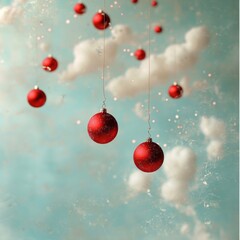 Wall Mural - Red ornaments hang from strings amidst fluffy clouds against a teal background, sparkling lights.