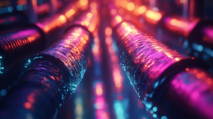 Poster - Abstract vibrant flowing liquid texture in neon hues showcasing intricate patterns against a blurred futuristic background, creating a mesmerizing visual effect.