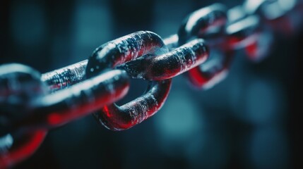 Poster - Close-Up View of a Metallic Chain Linking Together with Dramatic Lighting Highlighting Texture and Strength for Industrial or Security Themes