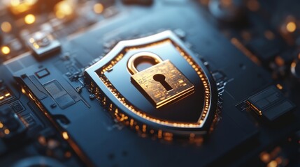 Poster - Cybersecurity Protection Concept with Golden Shield and Lock on Circuit Board Background Demonstrating Digital Safety and Secure Technology Innovations