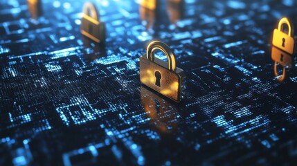 Poster - Digital Security Concept with Glowing Locks on a Futuristic Background Representing Cyber Protection and Data Encryption for Technology and Safety