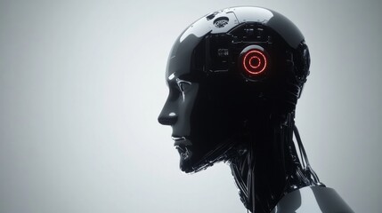Poster - Futuristic Android Head Profile with Red Light Detail, Showcasing Advanced Technology and Artificial Intelligence, Perfect for Sci-Fi and Innovation Themes