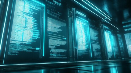 Leinwandbilder - Futuristic Digital Interface with Glowing Screens Displaying Code and Data in a High-Tech Environment for Technology and Cybersecurity Concepts