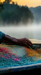 Wall Mural - Hand mending a fishing net at sunrise. AI.