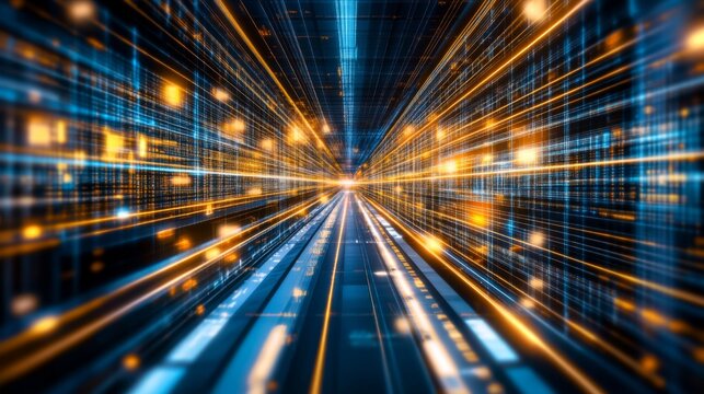 High-Speed Abstract Digital Data Stream with Bright Lights Representing Technology, Innovation, and Modern Aesthetics in a Futuristic Environment