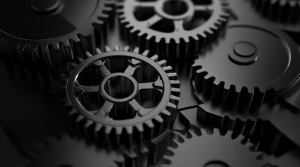Poster - Intricate Arrangement of Shiny Black Gears and Cogs Displaying Mechanisms of Engineering and Industrial Design for Technical Backgrounds and Concepts