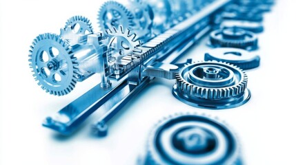 Poster - Intricate Close-up of Shiny Metal Gears and Mechanisms Arranged in a Linear Pattern Demonstrating Precision Engineering and Complex Machinery Design
