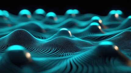 Fototapete - Abstract Teal Digital Landscape with Glowing Spheres