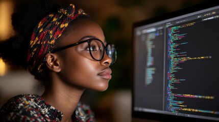 Poster - young woman programmer staring at computer screen with code displayed, wearing stylish glasses and c