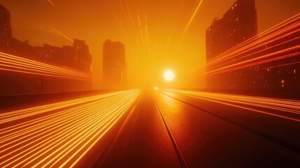 Poster - Cityscape Sunset Road Glowing Lines Orange Hues