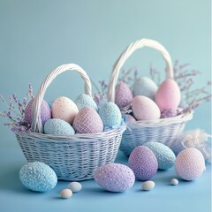 Wall Mural - Pastel Easter eggs in wicker baskets with lavender.