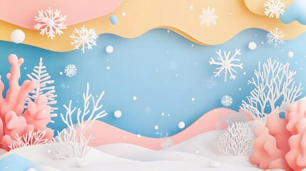 Poster - Pastel Winter Wonderland Scene With Snowflakes And Coral