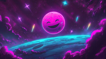 Poster - Happy Emoji Moon In A Neon Space