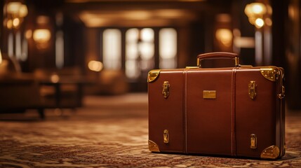 Aufkleber - Luxurious leather suitcase with golden hardware placed in an elegant hotel lobby during evening hours. Generative AI