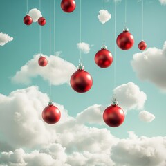 Wall Mural - Red ornaments hang from strings in a dreamy sky.