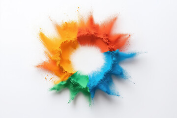 Poster - Colorful explosion of powders creates vibrant sun shape on a white background