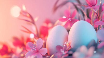 Poster - Serene and festive scene: two easter eggs nestled among pink flowers, glowing in the warm light of the setting sun