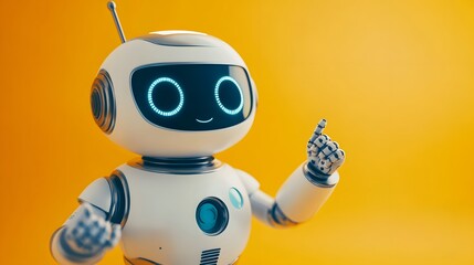 Poster - Friendly Robot Points Upward Against Yellow Background