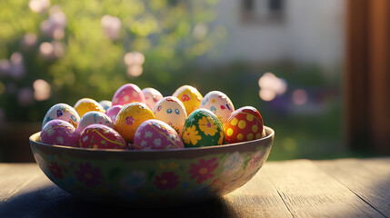 Poster - Festive easter eggs displayed in a floral bowl, illuminated by the sunny garden, creating a vibrant springtime setting
