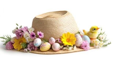 Easter chick resting on a straw hat decorated with colorful spring flowers and hand-painted eggs, isolated on white background