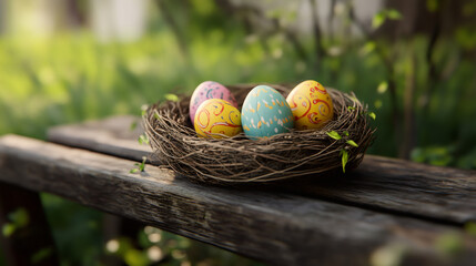 Poster - Nest with colorful easter eggs symbolizing new life and spring celebrations, placed on a rustic wooden bench in a lush green garden